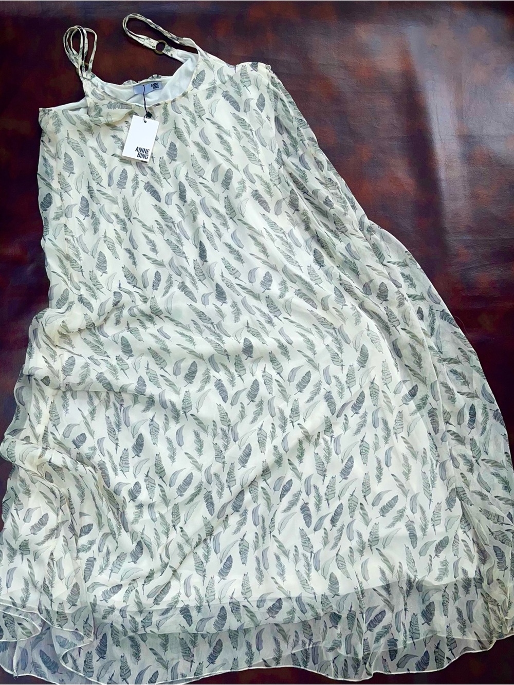 Anine Bing NWT Feather Print Tank Maxi Dress Hi-Lo Olive/Gray Lined Airy XS/SM